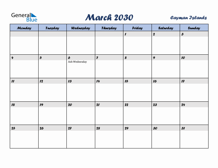 March 2030 Calendar with Holidays in Cayman Islands