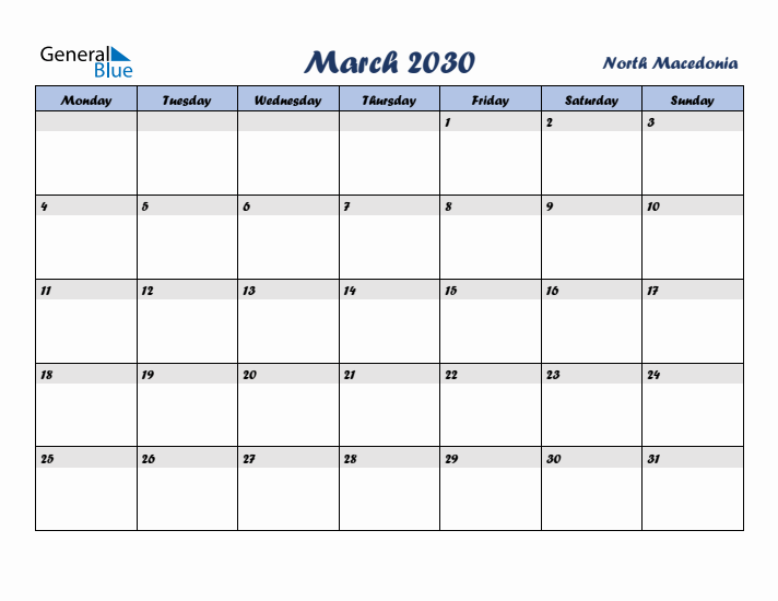 March 2030 Calendar with Holidays in North Macedonia