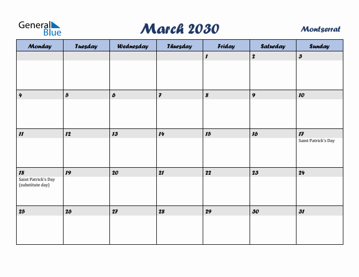 March 2030 Calendar with Holidays in Montserrat