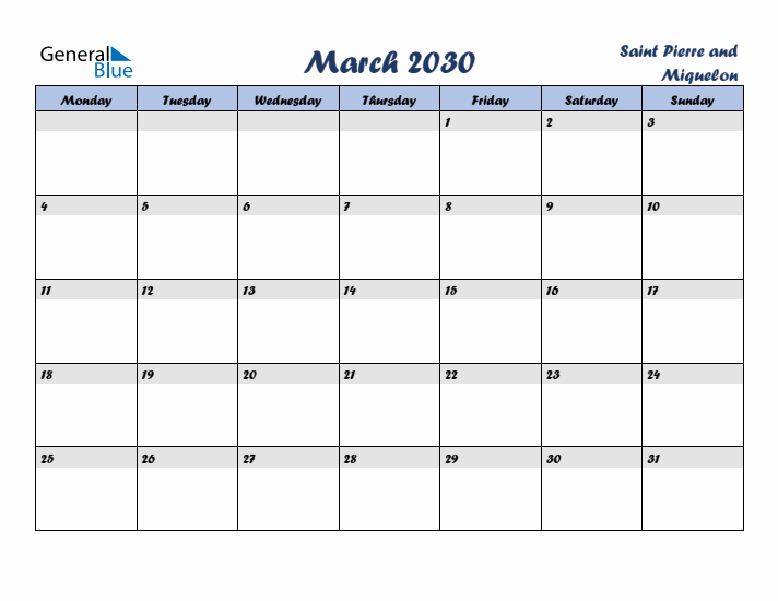 March 2030 Calendar with Holidays in Saint Pierre and Miquelon