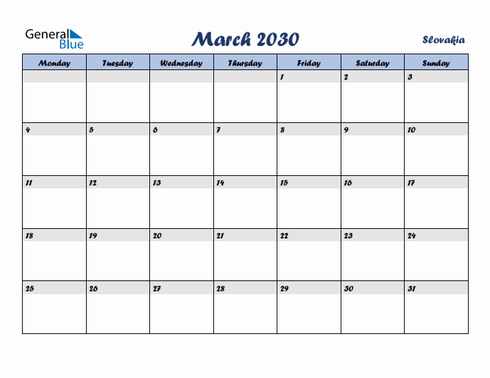 March 2030 Calendar with Holidays in Slovakia