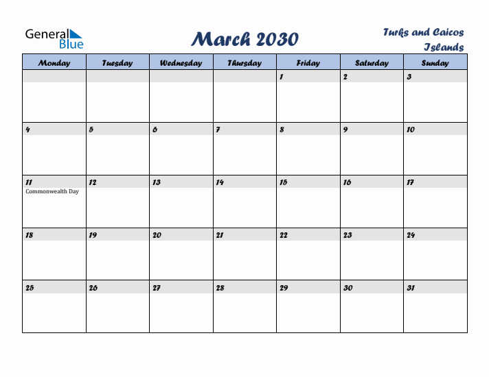 March 2030 Calendar with Holidays in Turks and Caicos Islands