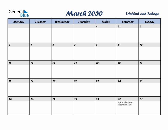 March 2030 Calendar with Holidays in Trinidad and Tobago