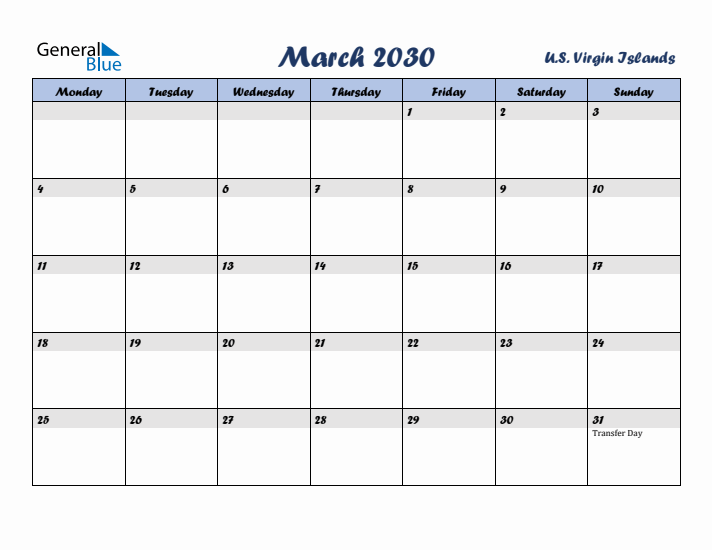 March 2030 Calendar with Holidays in U.S. Virgin Islands