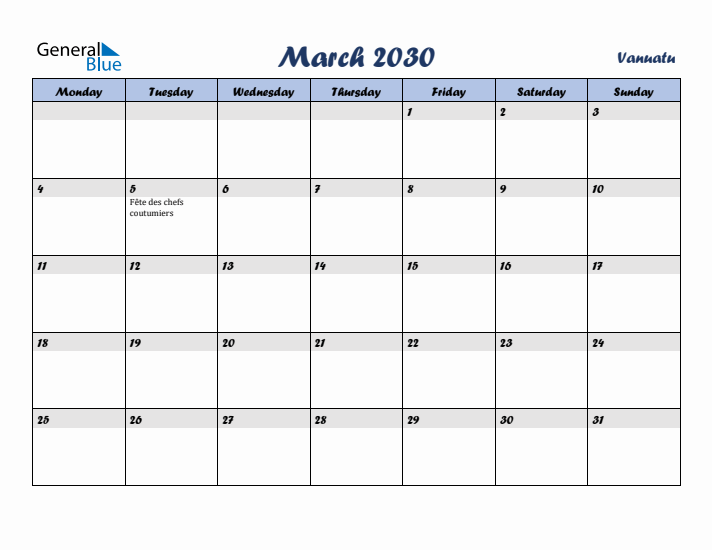 March 2030 Calendar with Holidays in Vanuatu