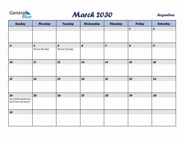 March 2030 Calendar with Holidays in Argentina