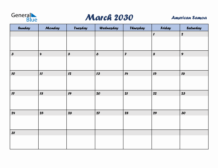 March 2030 Calendar with Holidays in American Samoa