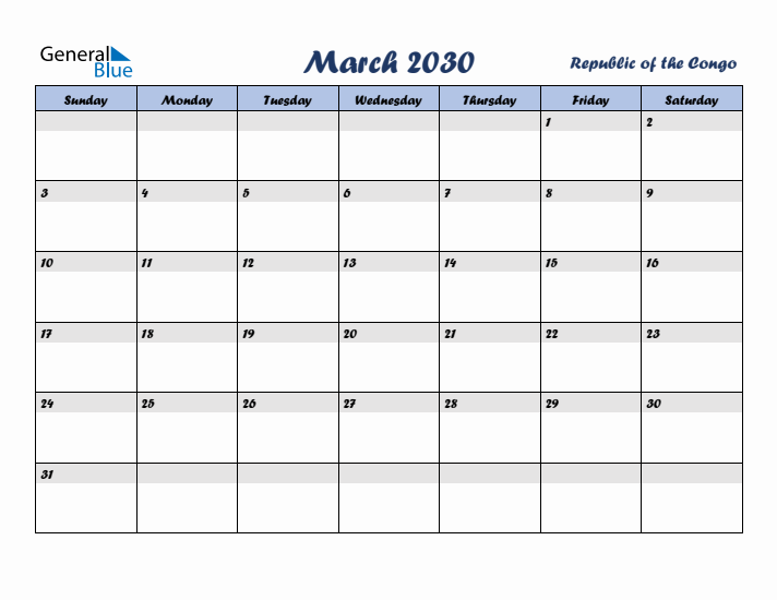 March 2030 Calendar with Holidays in Republic of the Congo