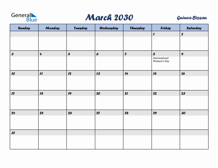 March 2030 Calendar with Holidays in Guinea-Bissau