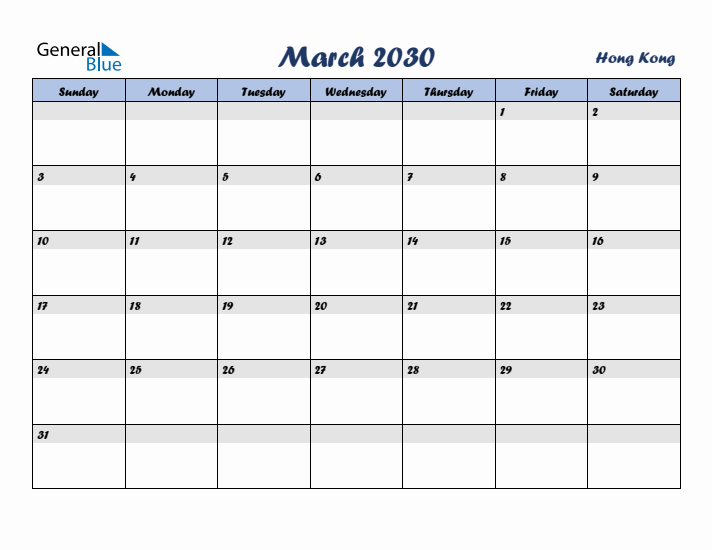 March 2030 Calendar with Holidays in Hong Kong