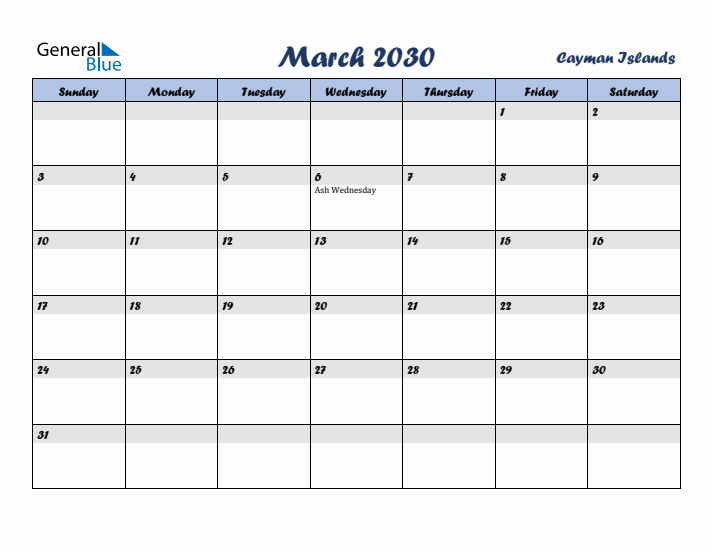 March 2030 Calendar with Holidays in Cayman Islands