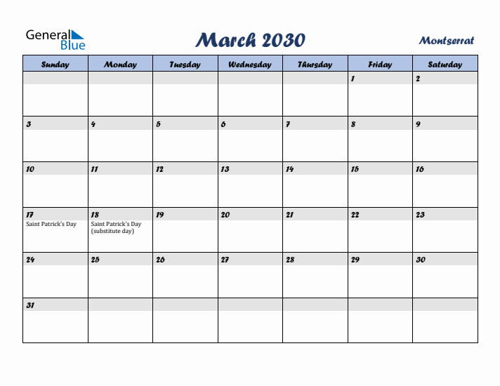 March 2030 Calendar with Holidays in Montserrat