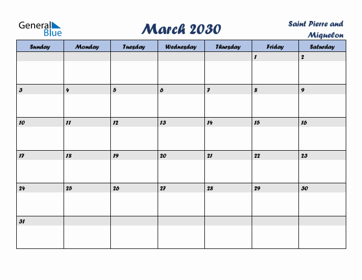 March 2030 Calendar with Holidays in Saint Pierre and Miquelon