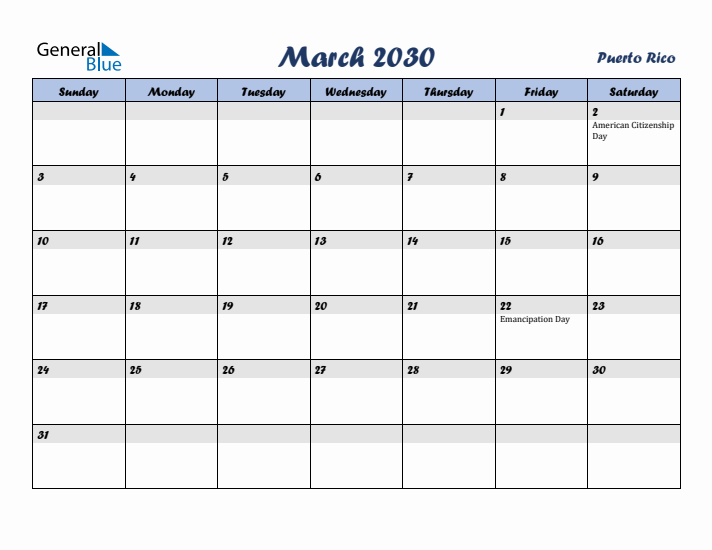 March 2030 Calendar with Holidays in Puerto Rico