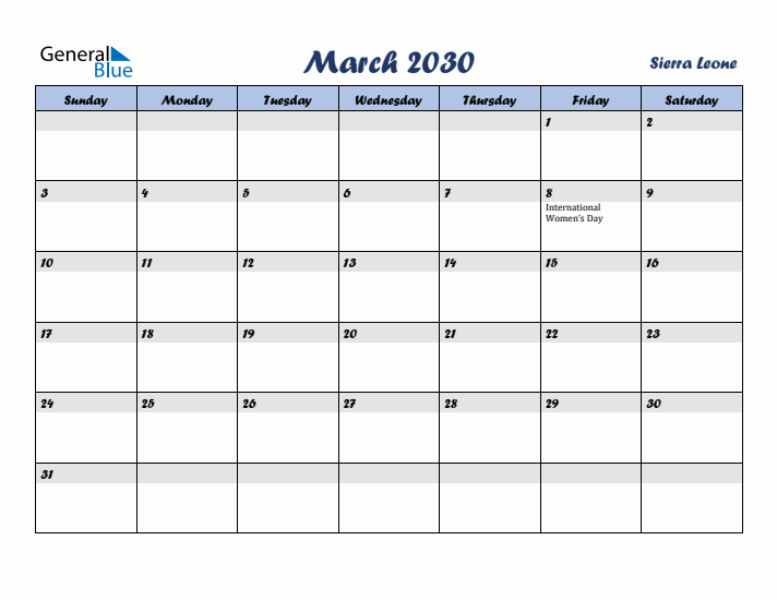 March 2030 Calendar with Holidays in Sierra Leone