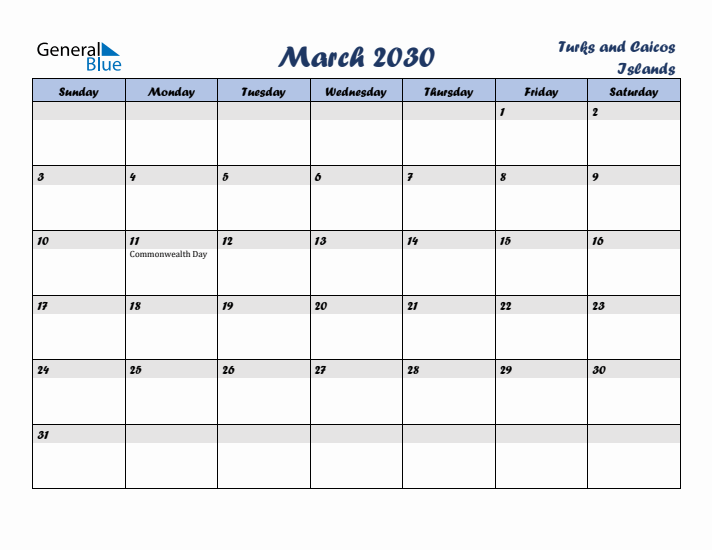 March 2030 Calendar with Holidays in Turks and Caicos Islands