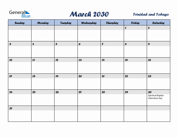 March 2030 Calendar with Holidays in Trinidad and Tobago