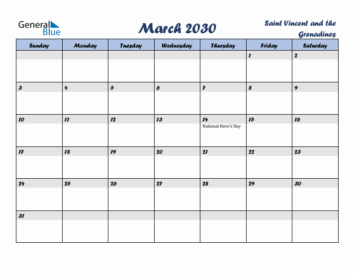 March 2030 Calendar with Holidays in Saint Vincent and the Grenadines
