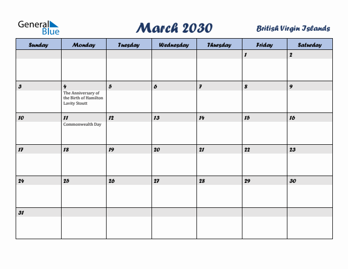 March 2030 Calendar with Holidays in British Virgin Islands