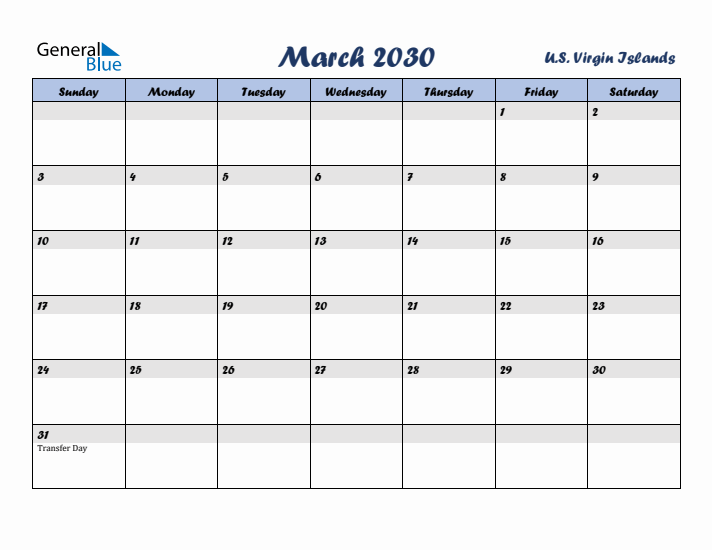 March 2030 Calendar with Holidays in U.S. Virgin Islands