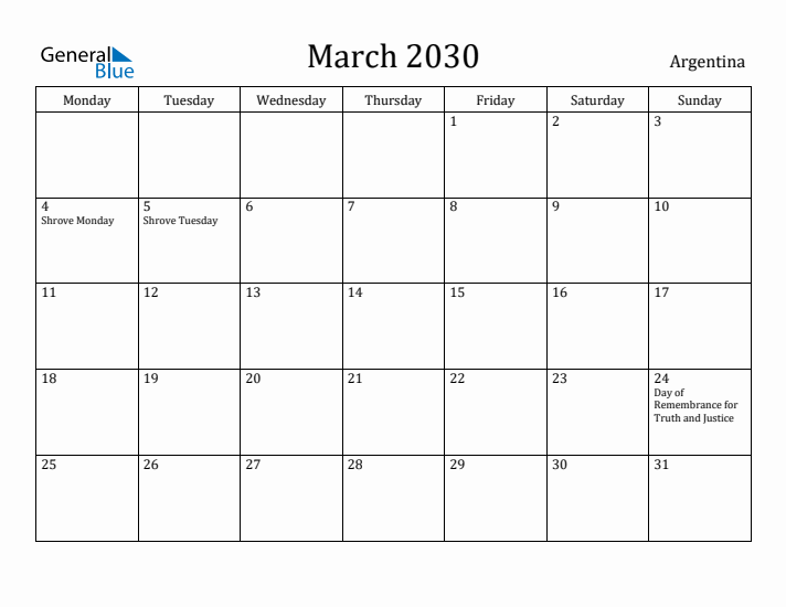 March 2030 Calendar Argentina