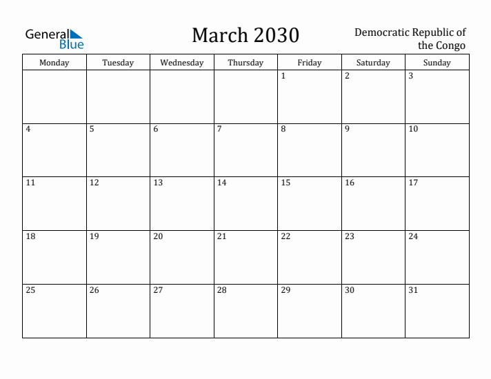 March 2030 Calendar Democratic Republic of the Congo