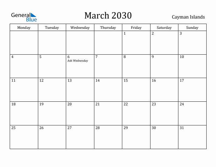 March 2030 Calendar Cayman Islands