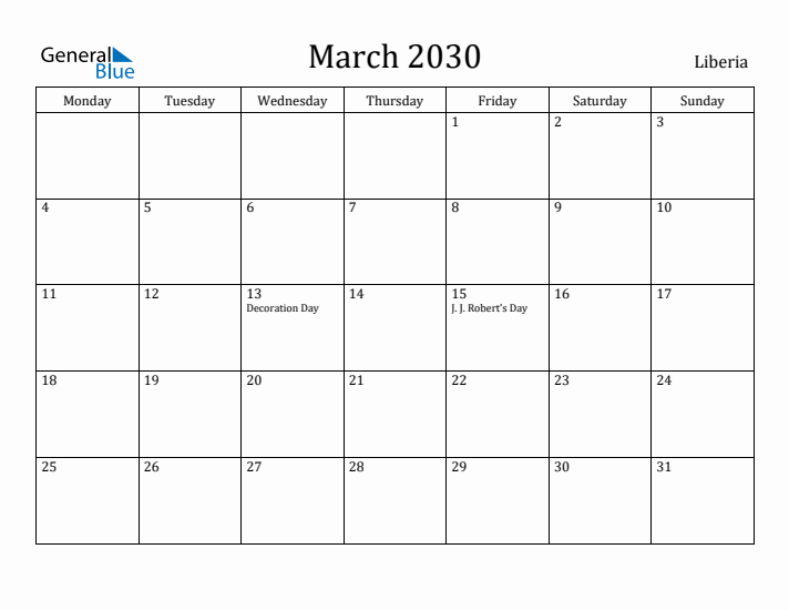March 2030 Calendar Liberia