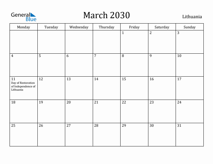March 2030 Calendar Lithuania