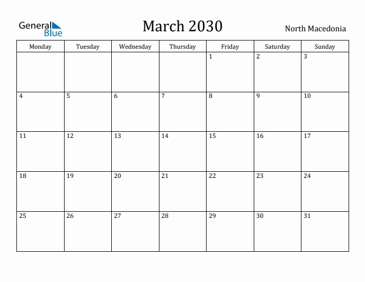 March 2030 Calendar North Macedonia