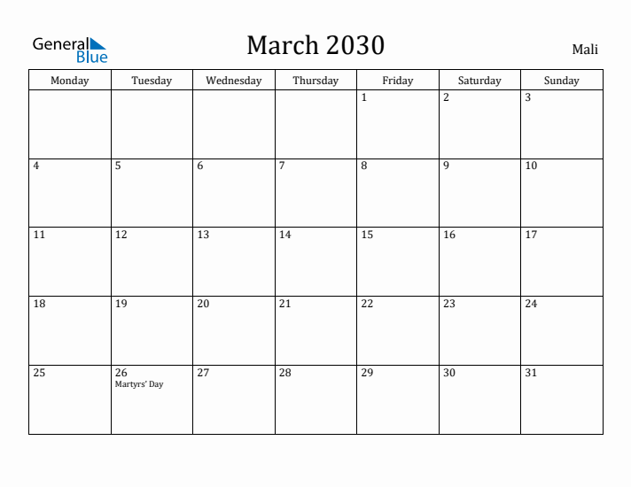 March 2030 Calendar Mali