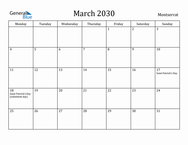 March 2030 Calendar Montserrat