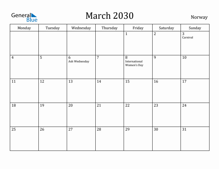 March 2030 Calendar Norway