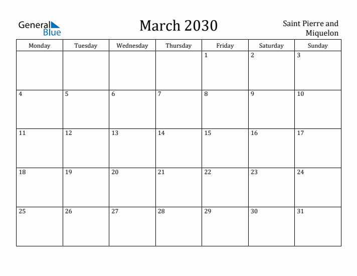 March 2030 Calendar Saint Pierre and Miquelon