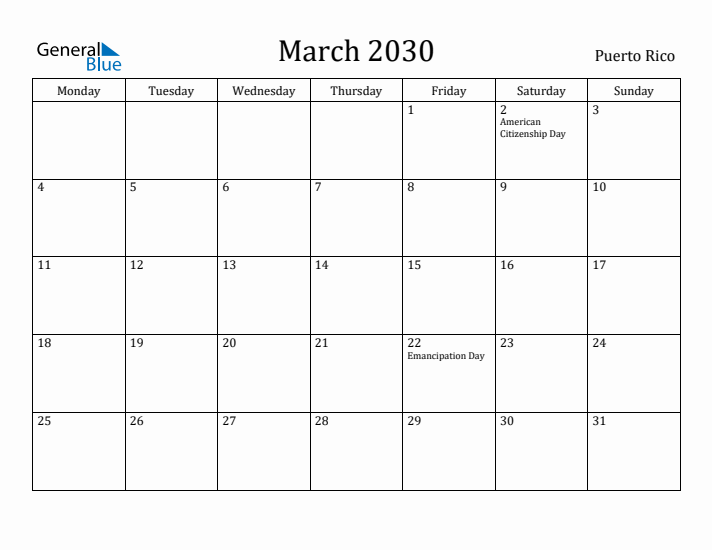 March 2030 Calendar Puerto Rico