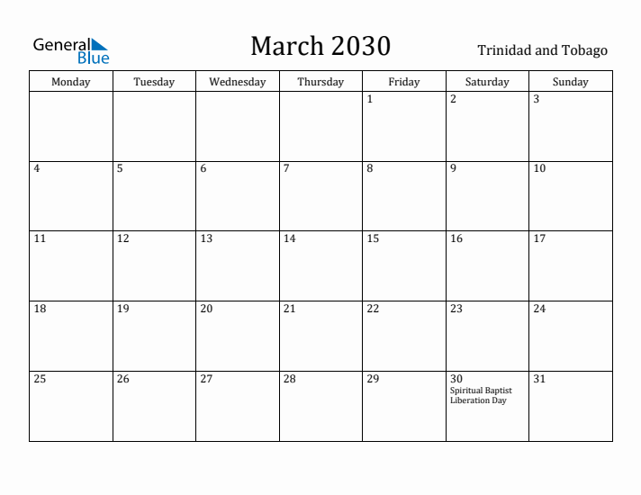 March 2030 Calendar Trinidad and Tobago