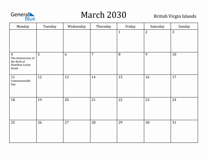 March 2030 Calendar British Virgin Islands