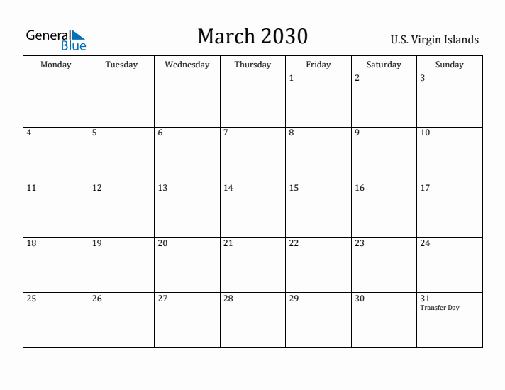 March 2030 Calendar U.S. Virgin Islands