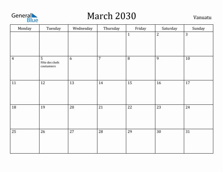 March 2030 Calendar Vanuatu