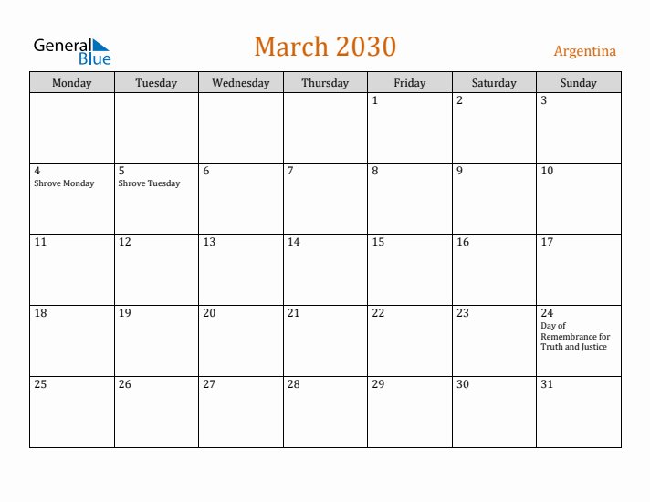 March 2030 Holiday Calendar with Monday Start