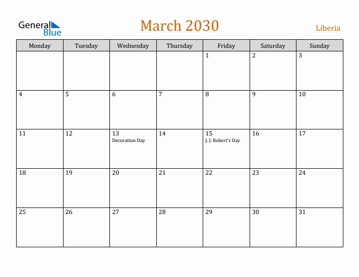 March 2030 Holiday Calendar with Monday Start