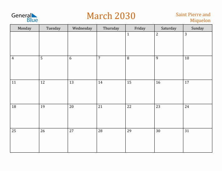 March 2030 Holiday Calendar with Monday Start