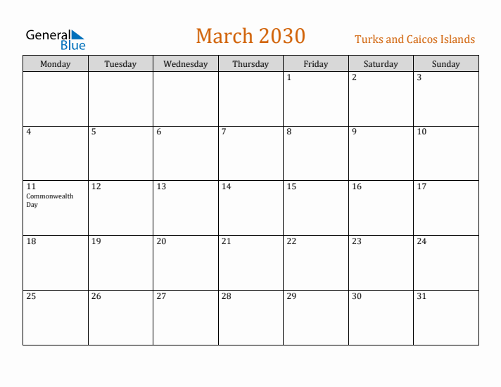 March 2030 Holiday Calendar with Monday Start