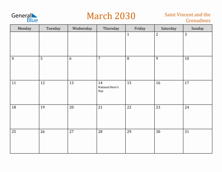 March 2030 Holiday Calendar with Monday Start