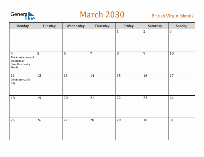 March 2030 Holiday Calendar with Monday Start