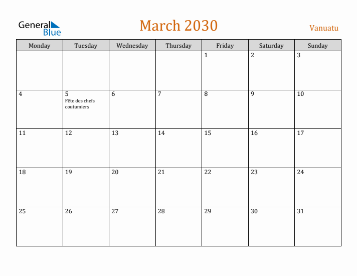 March 2030 Holiday Calendar with Monday Start