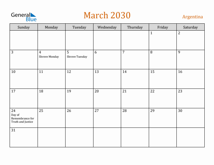 March 2030 Holiday Calendar with Sunday Start