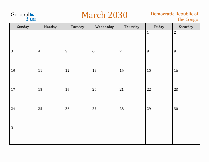 March 2030 Holiday Calendar with Sunday Start