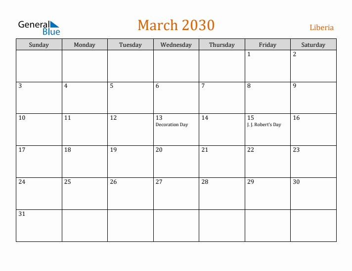 March 2030 Holiday Calendar with Sunday Start