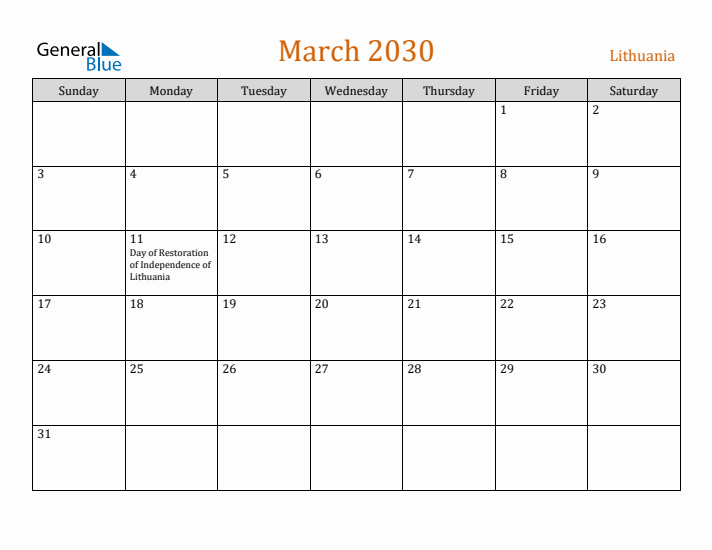 March 2030 Holiday Calendar with Sunday Start